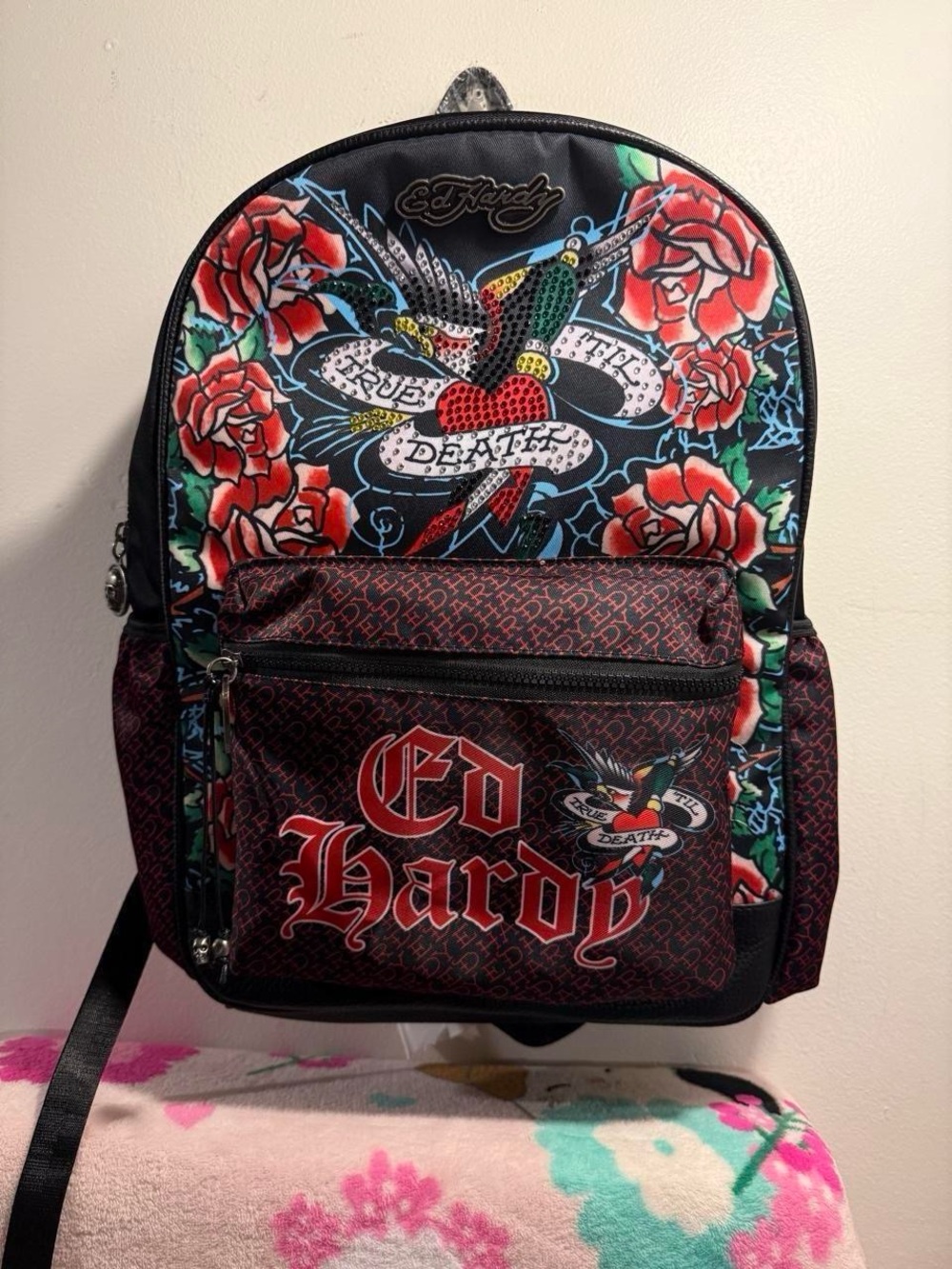 Ed Hardy Backpack True Till Death Roses Bling NWT